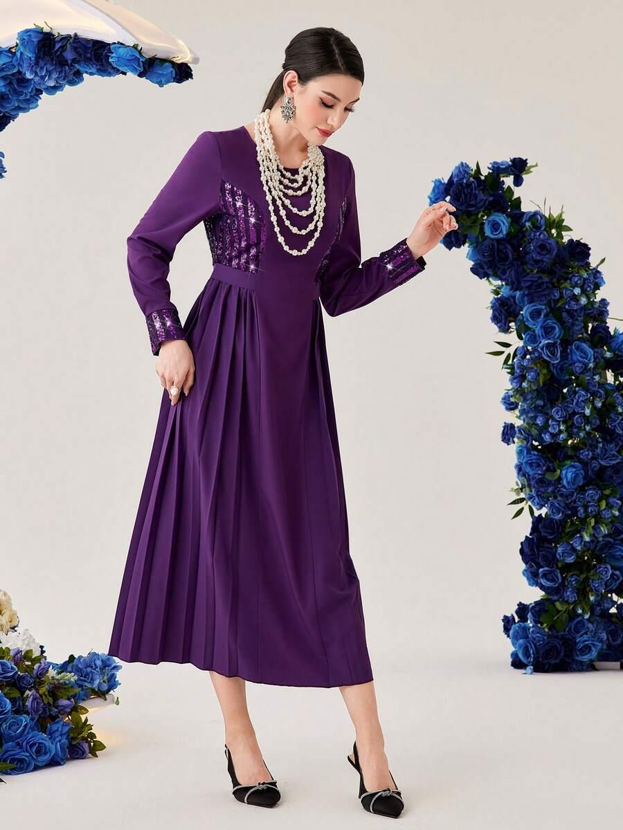 SHEIN FIOLETOWA SUKIENKA DŁUGI RĘKAW WSTAWKI CEKINY PLISY PK01__L