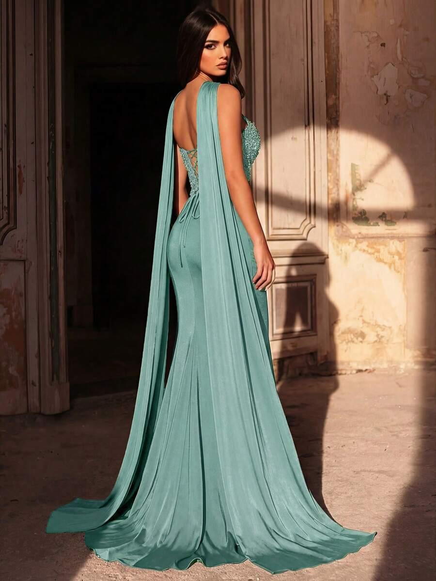GLAMRAE ZIELONA MAXI SUKIENKA ZDOBIENIE CEKINY S06__S