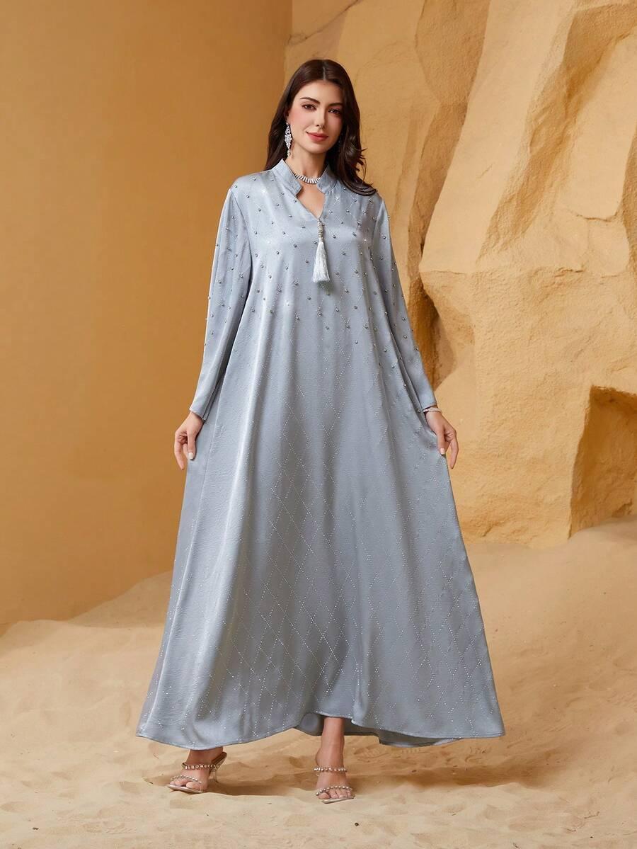 SHEIN SZARA MAXI SUKIENKA DŁUGI RĘKAW ZDOBIENIA S06__XL