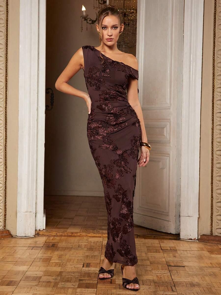 SHEIN BRĄZOWA MAXI SUKIENKA WZÓR KWIATY S06__L