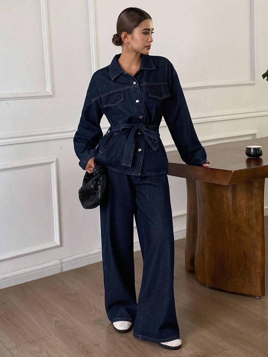 SHEIN KURTKA SPODNIE KOMPLET JEANSOWY S06__L