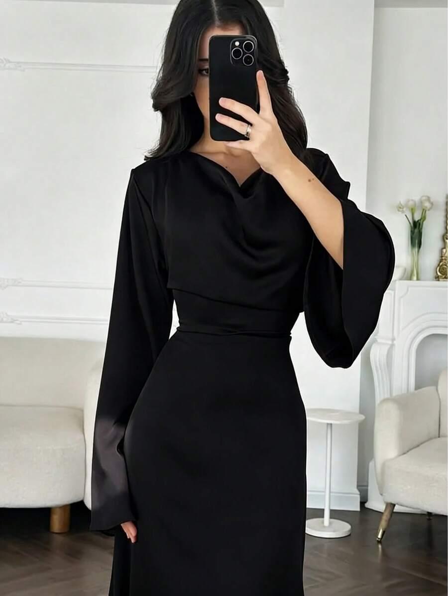 SHEIN CZARNA SATYNOWA MAXI SUKIENKA WIĄZANIE PK01__S