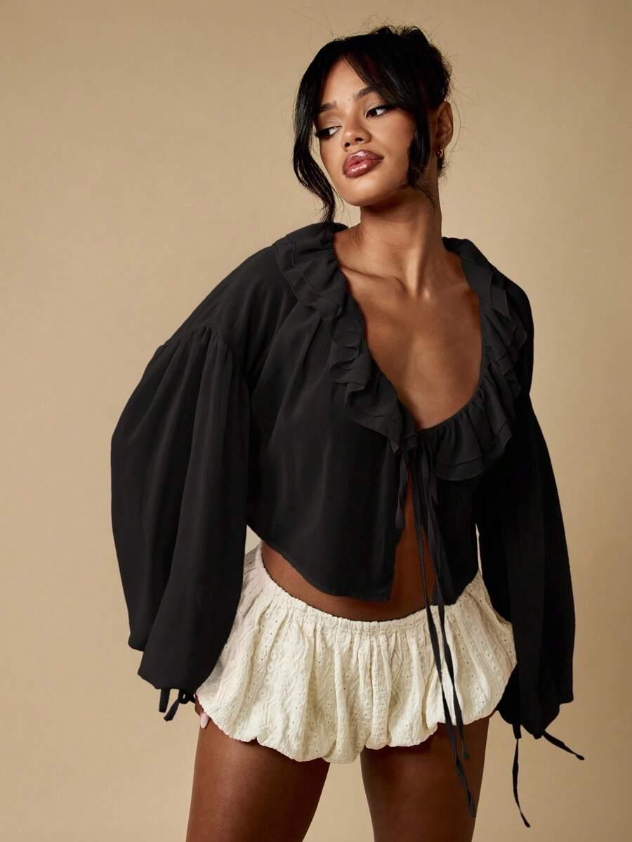 MISSGUIDED CZARNA BLUZKA WIĄZANIE S06__L