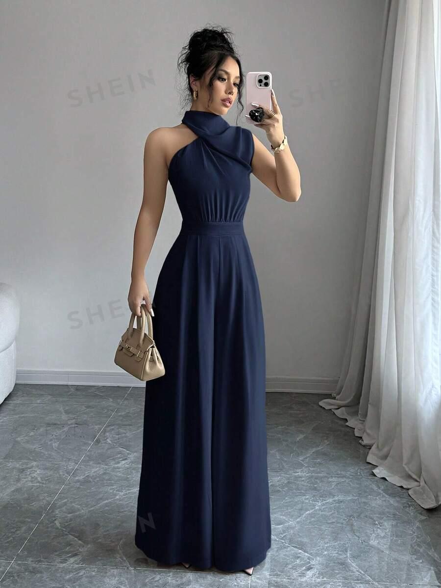 SHEIN GRANATOWY KOMBINEZON BEZ RĘKAWÓW S06__L