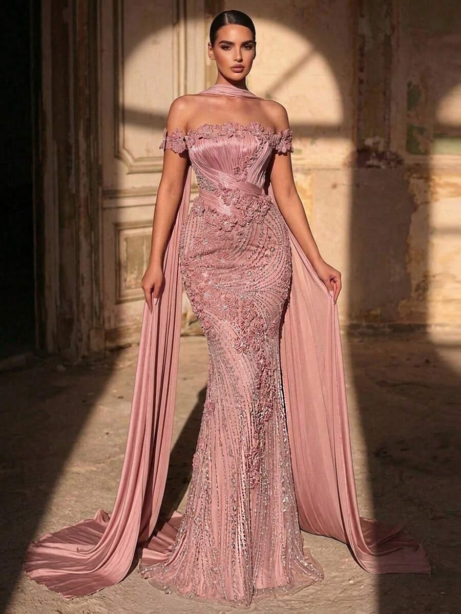 GLAMRAE RÓŻOWA MAXI SUKIENKA ZDOBIENIE S09__M