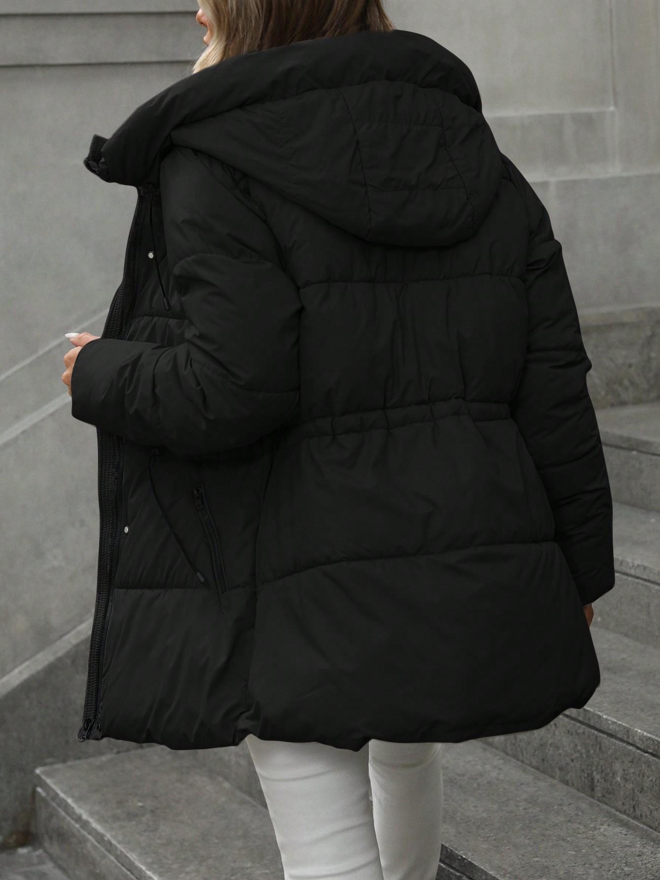SHEIN CZARNA PIKOWANA KURTKA Z KAPTUREM W01__L