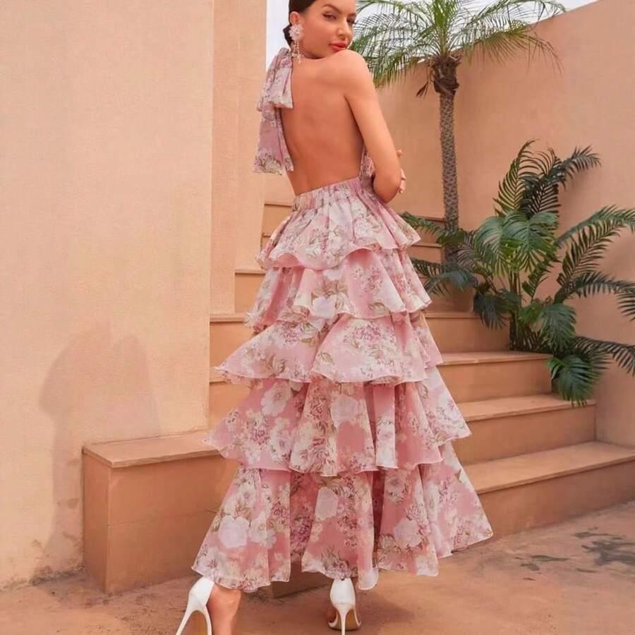 SHEIN MAXI SUKIENKA FALBANY WZÓR KWIATY PK01__XS
