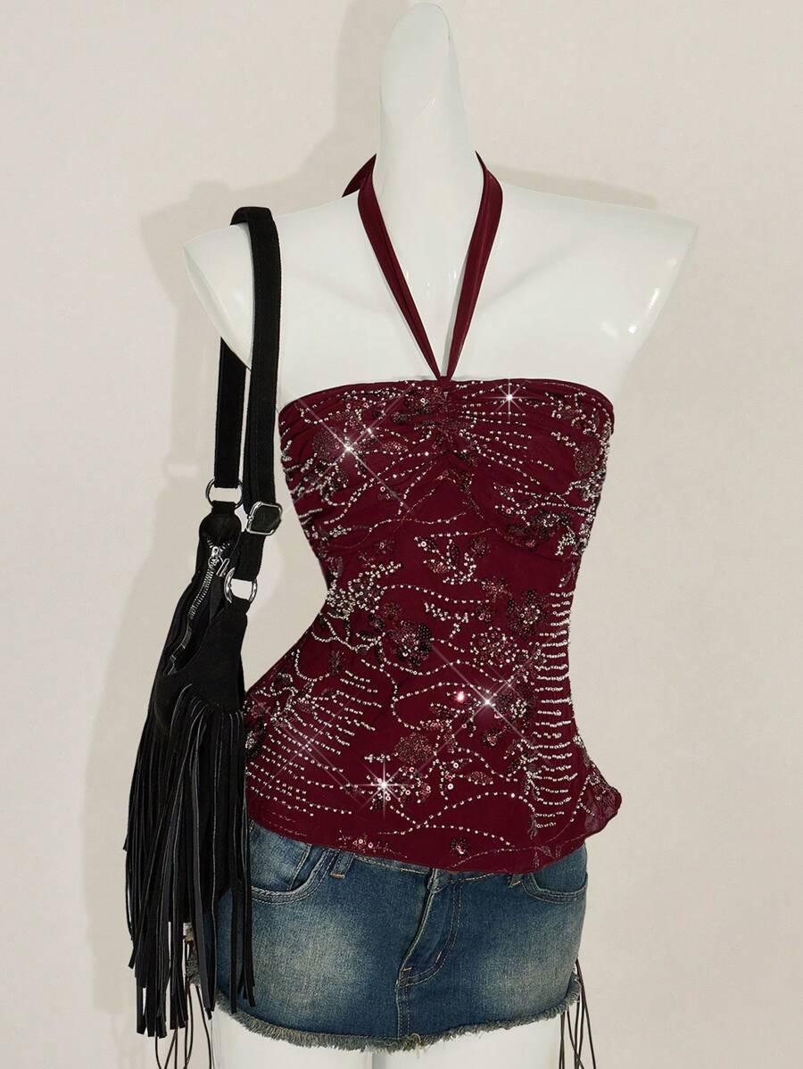 SHEIN BORDOWA BLUZKA ZDOBIENIE S06__M