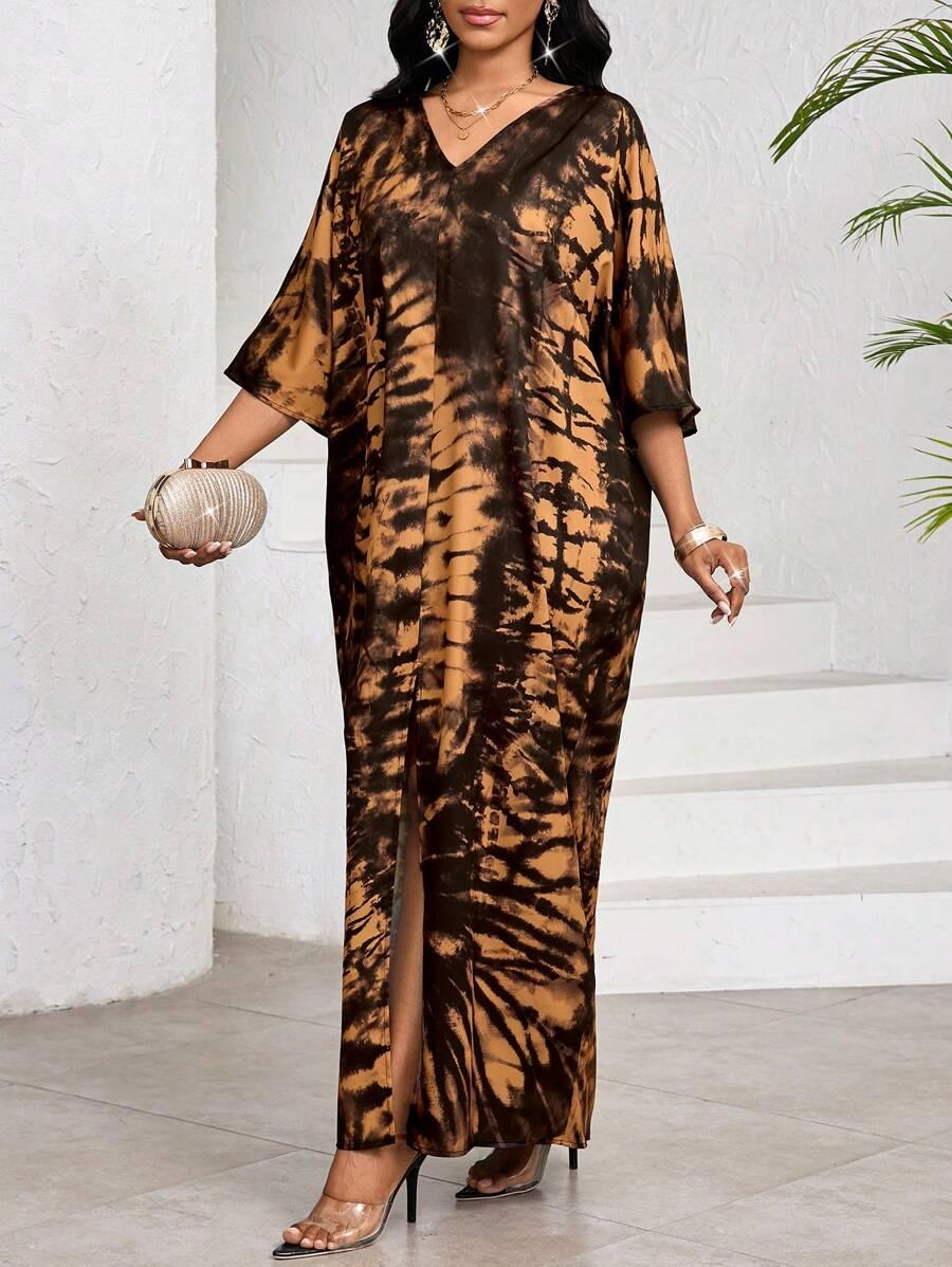 SHEIN MAXI SUKIENKA ROZCIĘCIE RĘKAW 3/4 PRINT V-NECK S06__M
