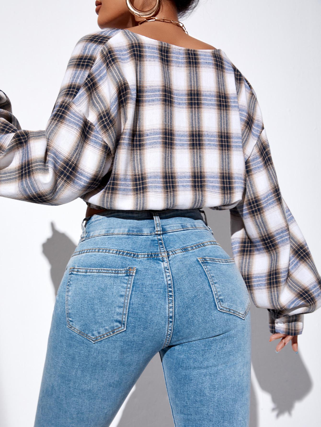 SHEIN KOSZULA CROP TOP WZÓR KRATKA DŁUGI RĘKAW S06__M