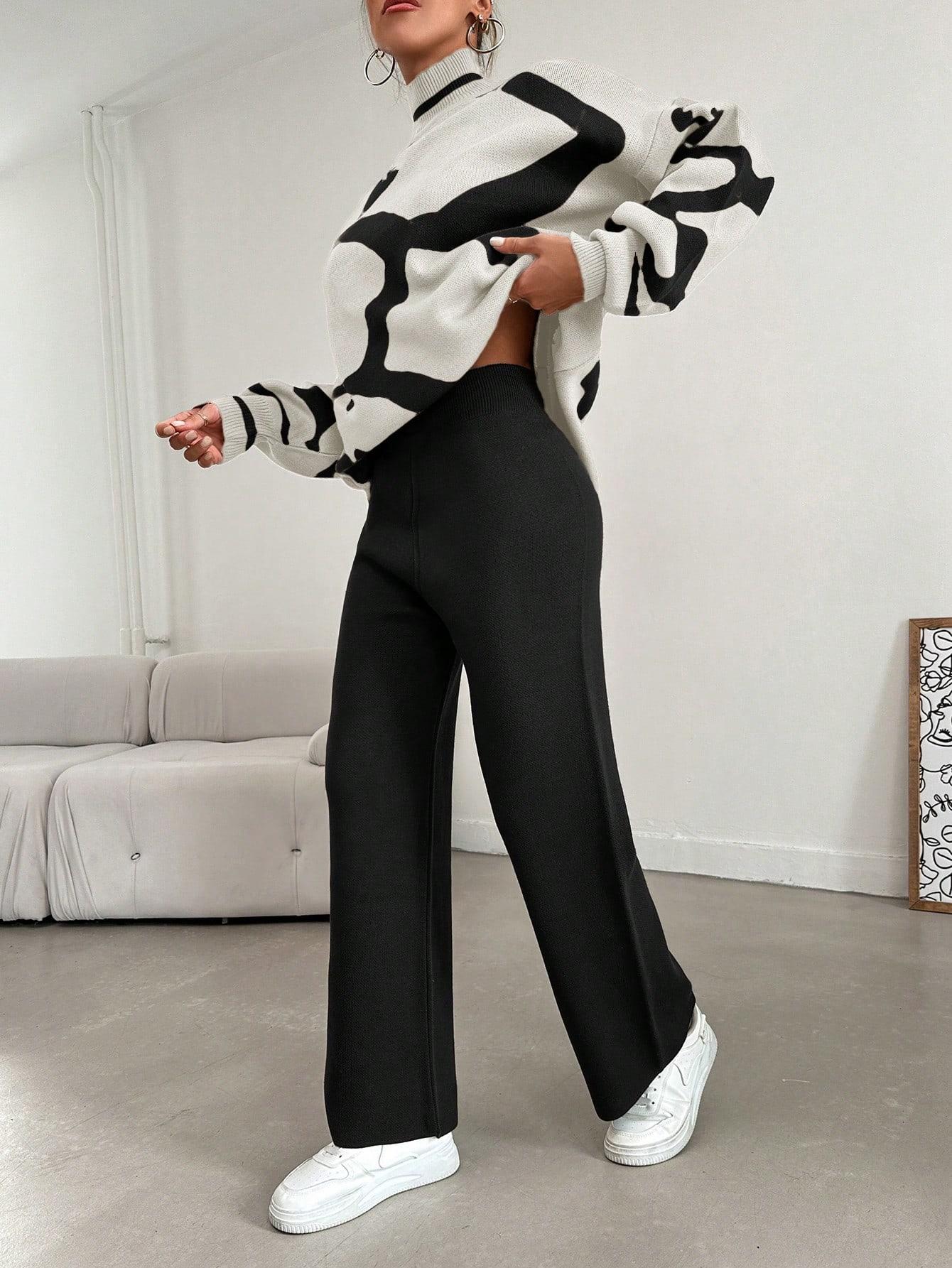 SHEIN DZIANINOWY KOMPLET SWETER SPODNIE WZÓR S06__OS