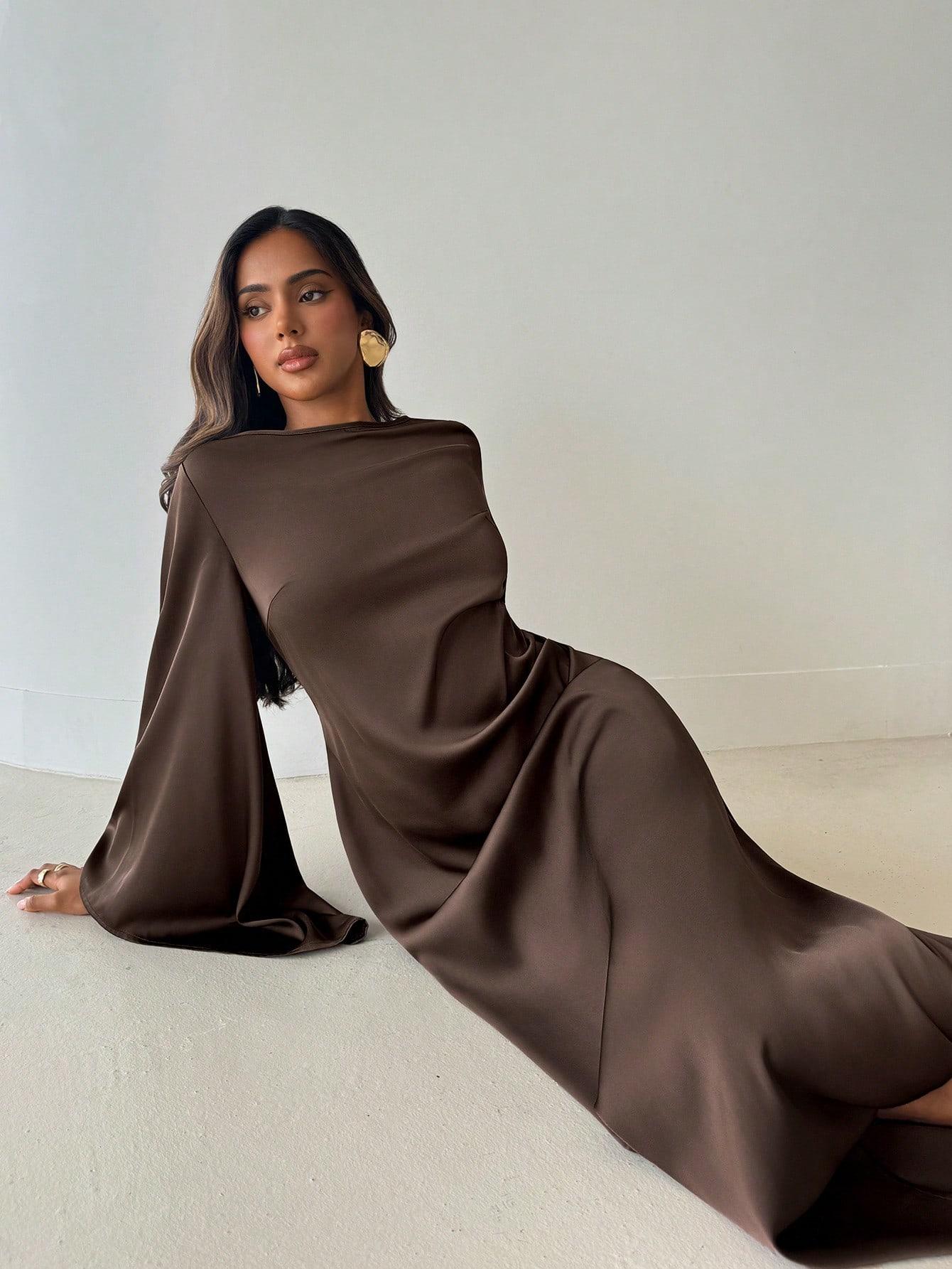SHEIN BRĄZOWA MAXI SUKIENKA S06__S