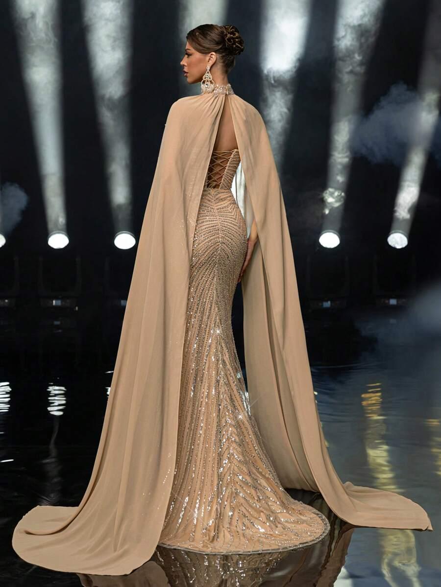 GLAMRAE BEŻOWA MAXI SUKIENKA ZDOBIENIE S06__S
