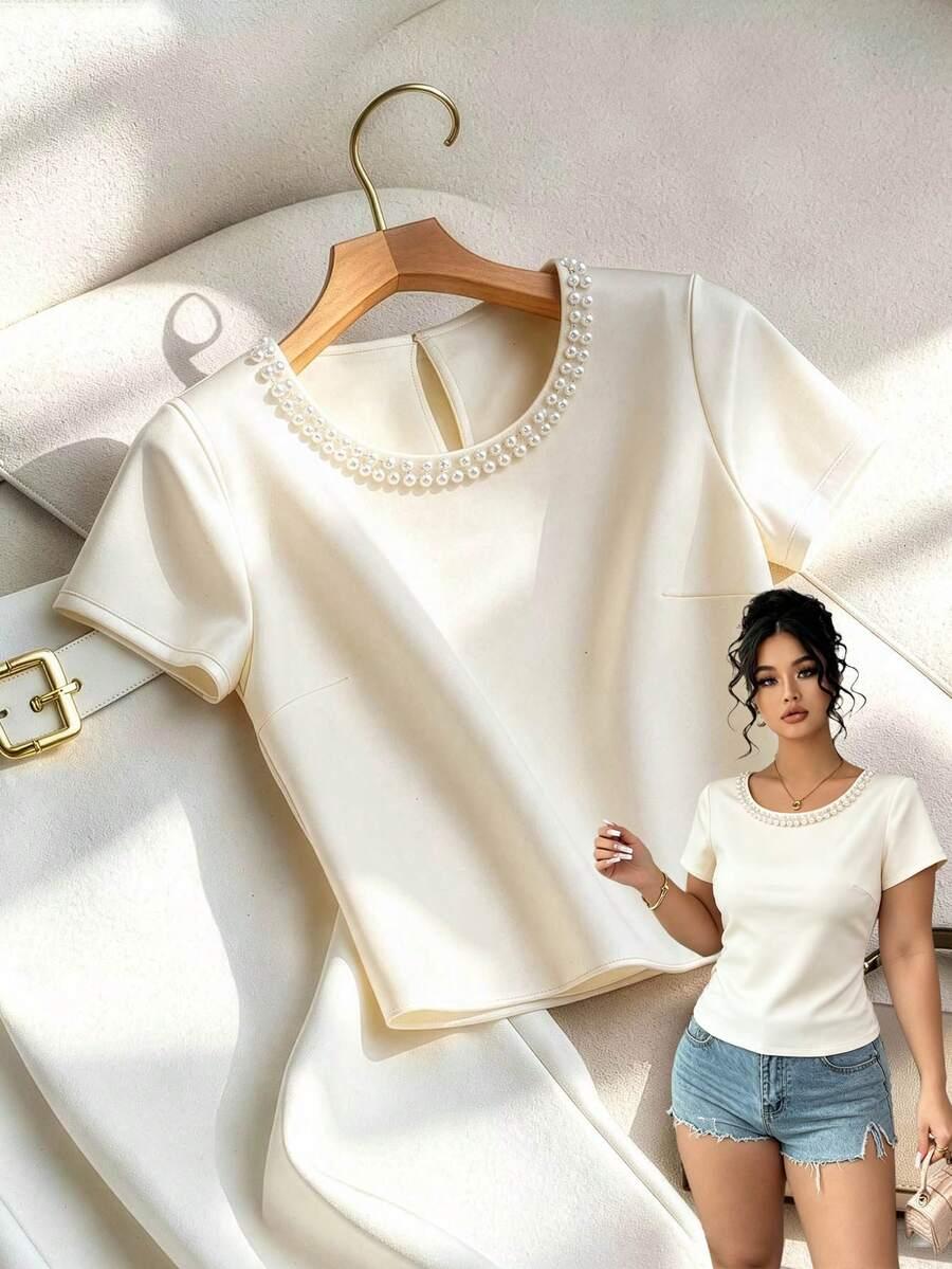 SHEIN BEŻOWA BLUZKA ZDOBIENIE S06__XXL