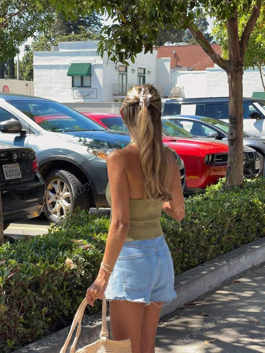 SHEIN ZIELONY DZIANINOWY TOP KWIAT S06__XS