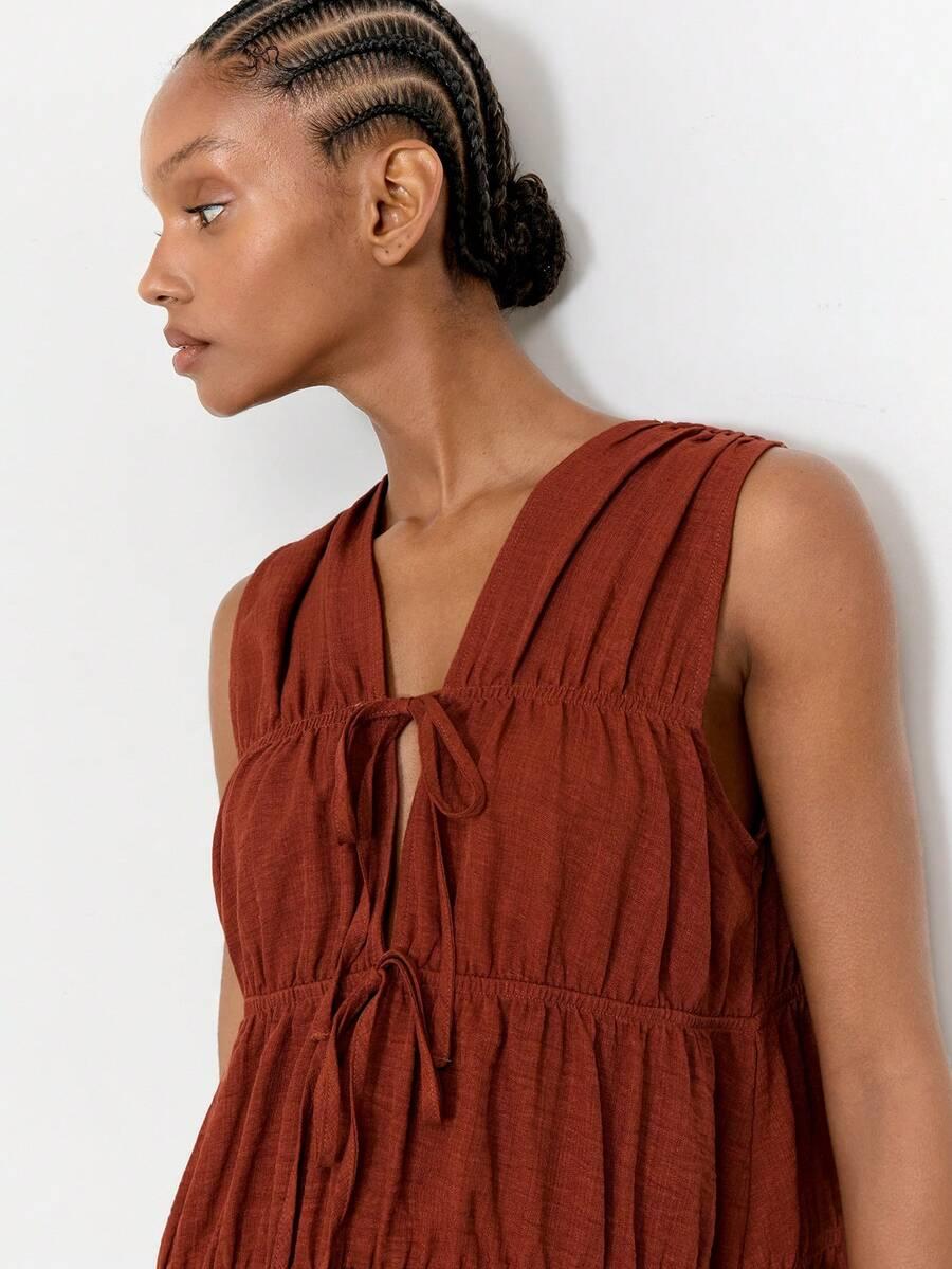 MAIJA MIEDZIANA MINI SUKIENKA OVERSIZE WIĄZANIE S09__S