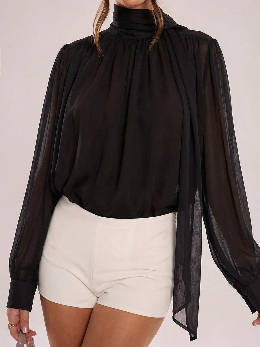 SHEIN CZARNA BLUZKA Z DŁUGIM RĘKAWEM S09__M