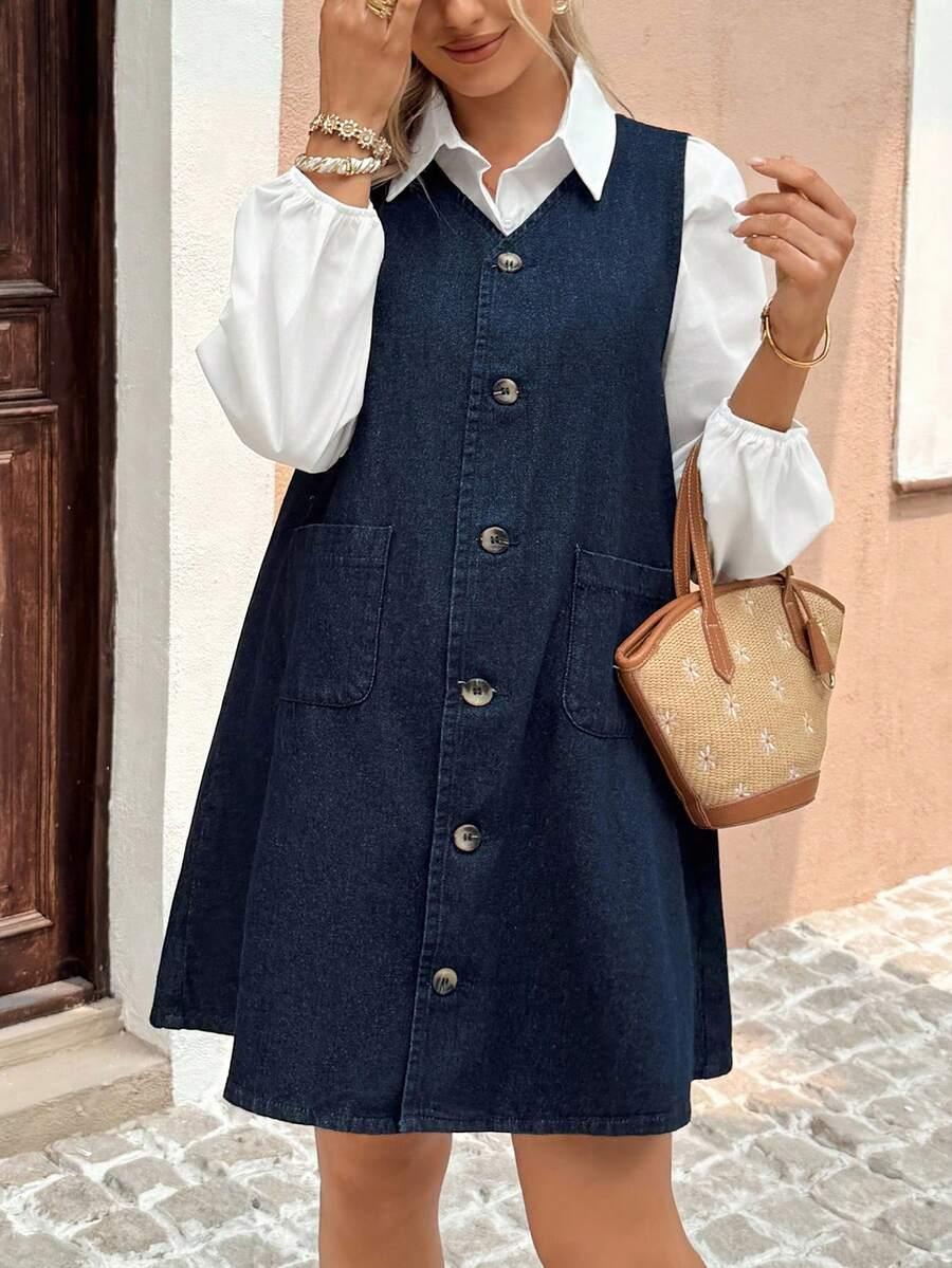 SHEIN GRANATOWA SUKIENKA GUZIKI S06__M