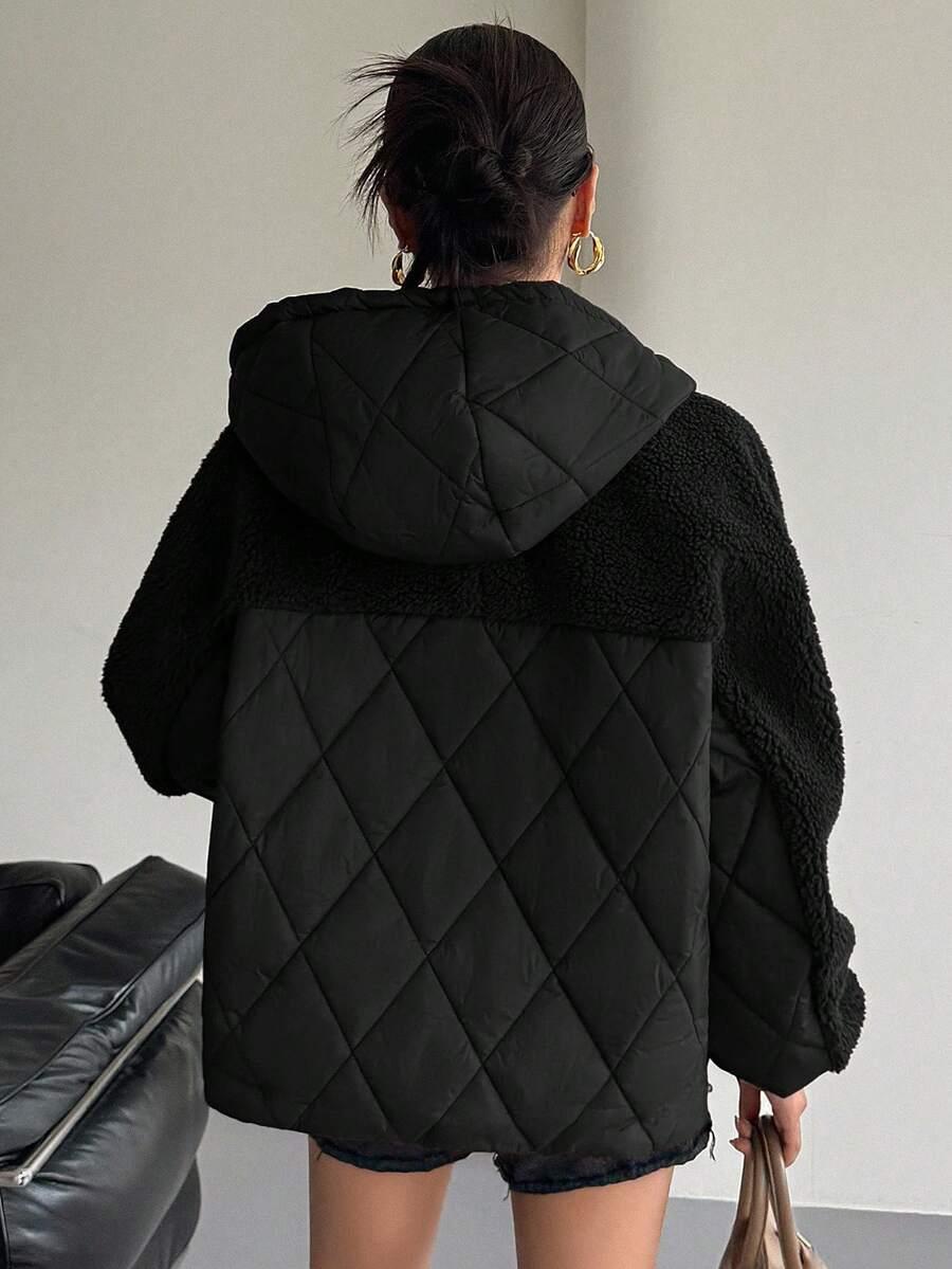 SHEIN CZARNA PIKOWANA KURTKA Z KAPTUREM W01__M