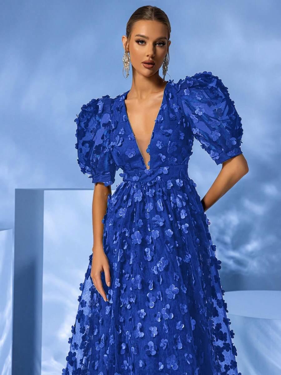 YISIKADO NIEBIESKA SUKIENKA MAXI ZDOBIENIA KWIATY 3D S06__M