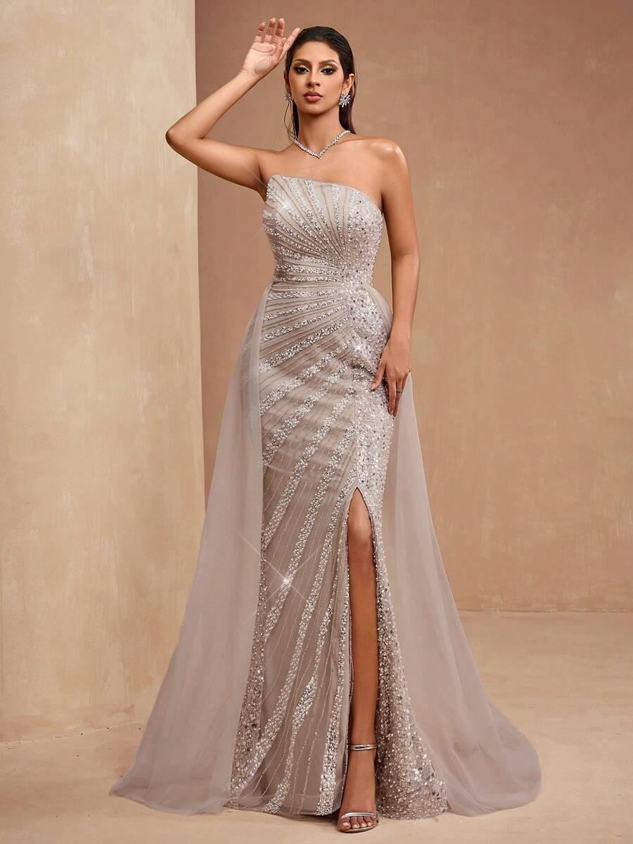 SHEIN BEŻOWA MAXI SUKIENKA ZDOBIENIE CEKINY S09__XXL