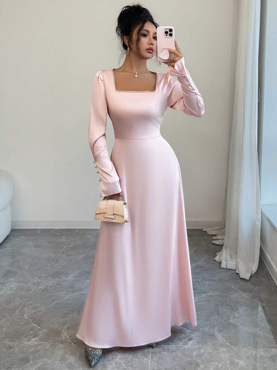 SHEIN RÓŻOWA MAXI SUKIENKA DŁUGI RĘKAW POŁYSK S06__M