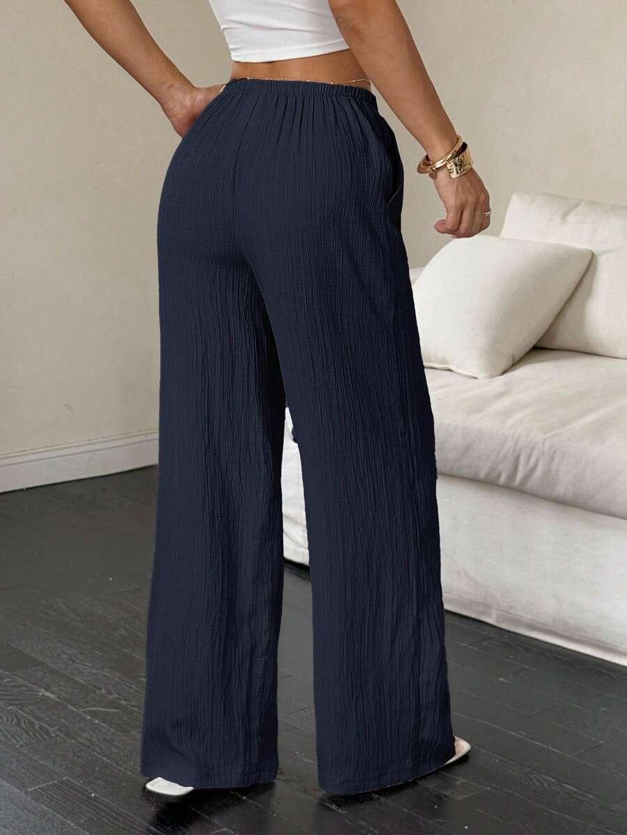 SHEIN GRANATOWE LUŹNE CASUALOWE SPODNIE WIĄZANIE TEKSTURA PK01__S