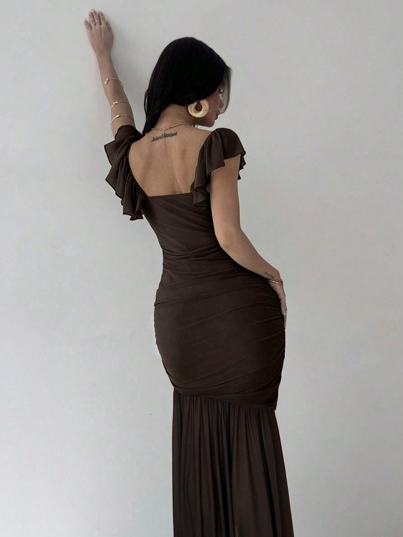 SHEIN BRĄZOWA MAXI SUKIENKA S06__S