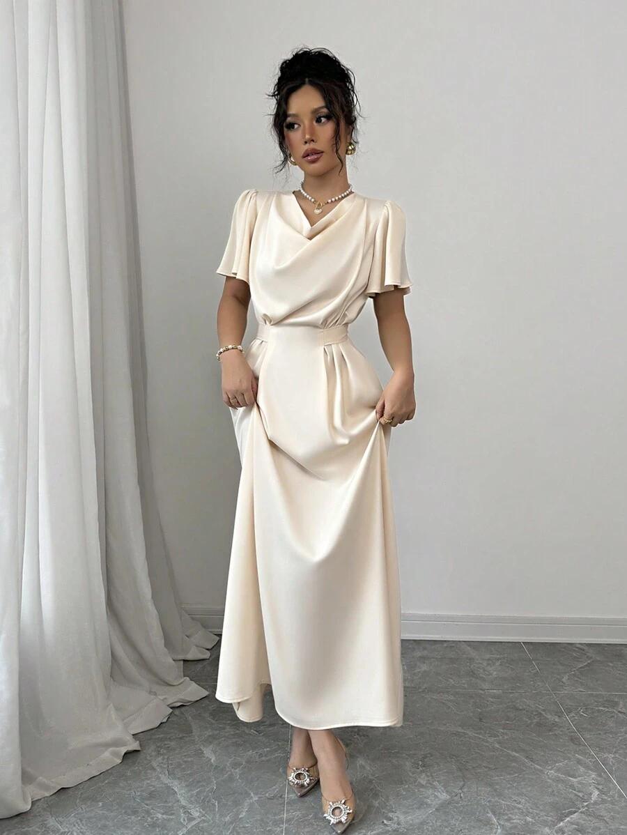SHEIN BEŻOWA SUKIENKA KRÓTKI RĘKAW S06__M