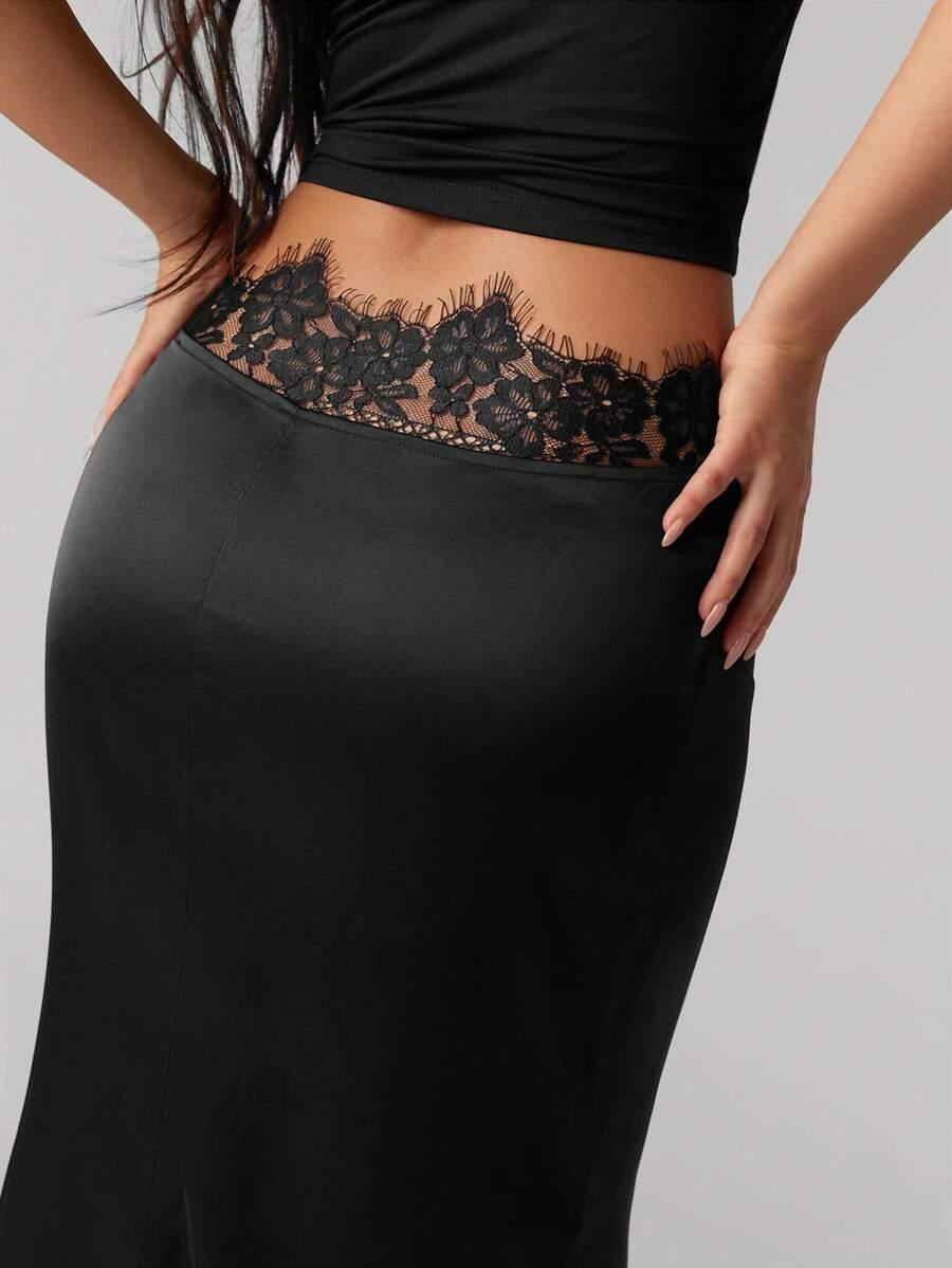 SHEIN CZARNA SATYNOWA MAXI SPÓDNICA S06__M