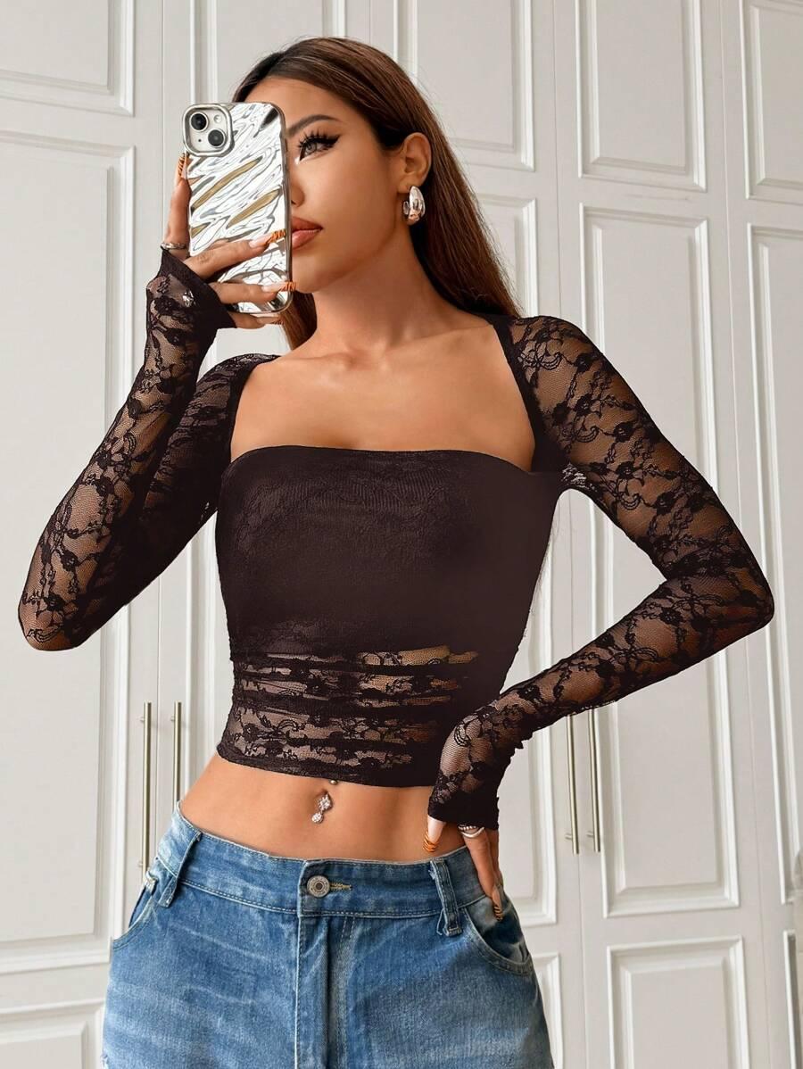 SHEIN BRĄZOWY TOP KORONKA S06__S