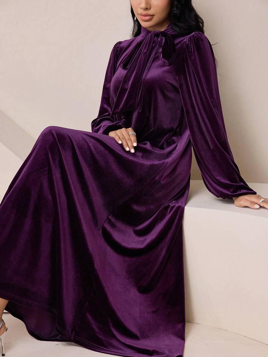 SHEIN WELUROWA MAXI SUKIENKA WIĄZANIE DŁUGI RĘKAW S06__L