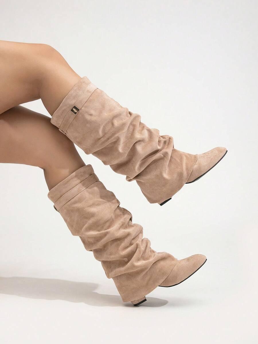 SHEIN BEŻOWE KOZAKI IMITACJA ZAMSZU W01__42