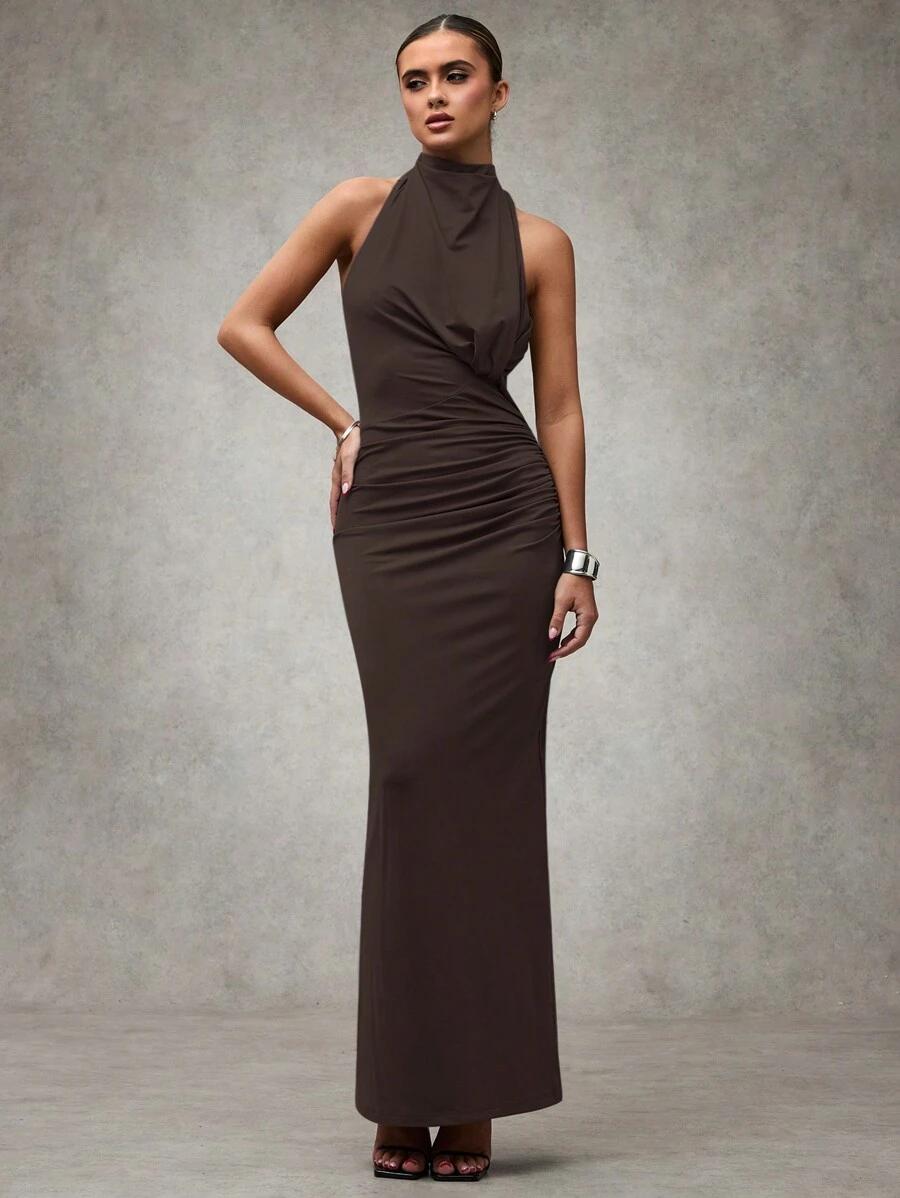SHEIN BRĄZOWA MAXI SUKIENKA S06__L