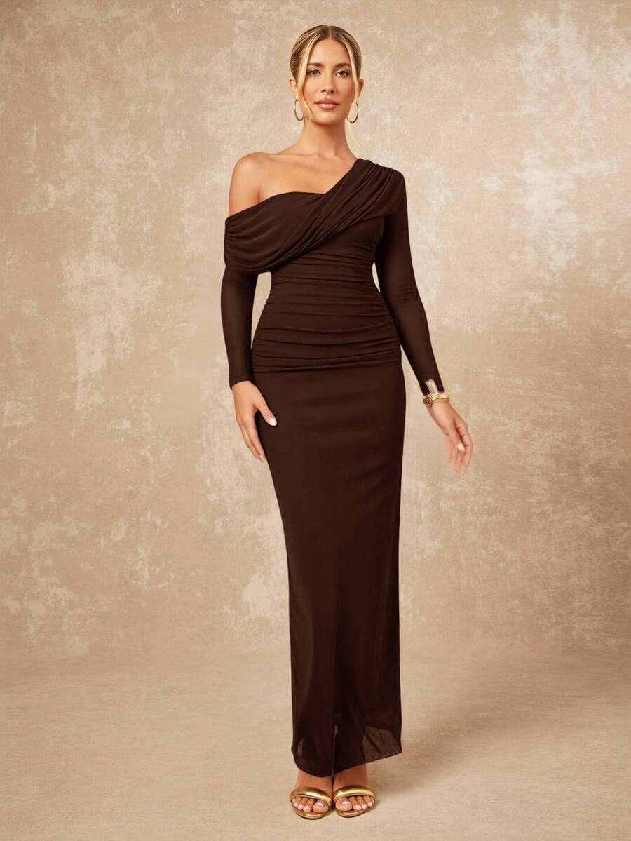 SHEIN BRĄZOWA MAXI SUKIENKA S06__S