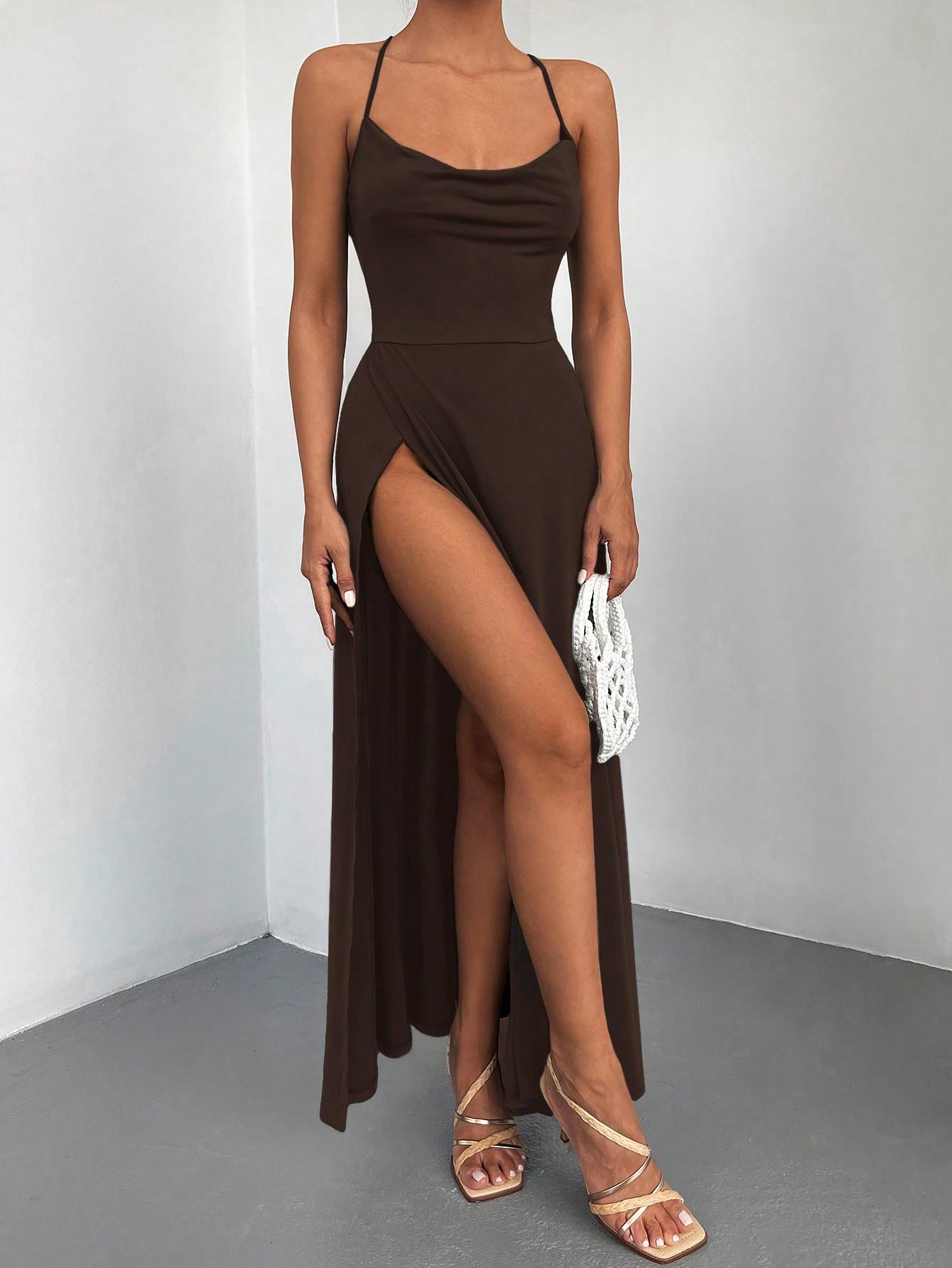 SHEIN BRĄZOWA MAXI SUKIENKA ROZCIĘCIE CROSS BACK S06__M
