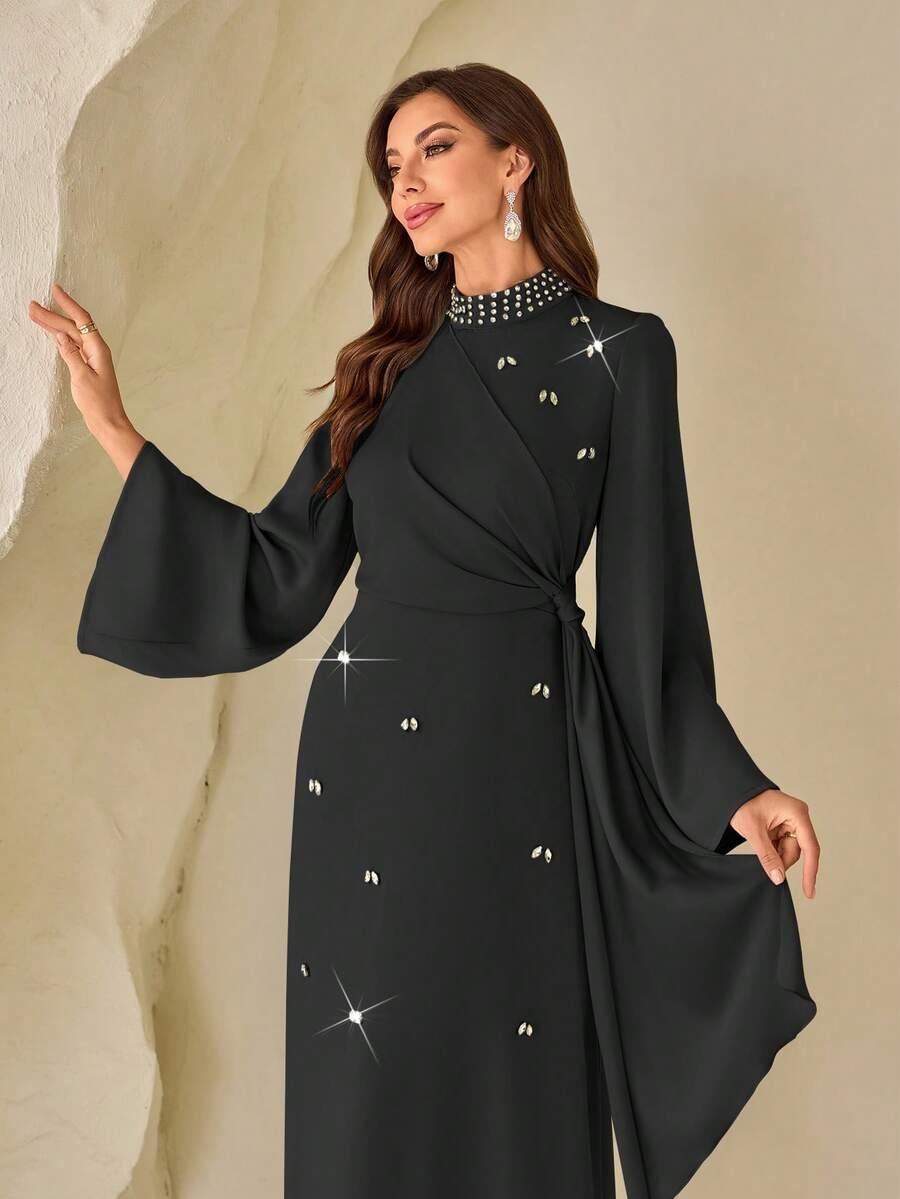 SHEIN CZARNA MAXI SATYNOWA SUKIENKA ZDOBIENIE S06__S