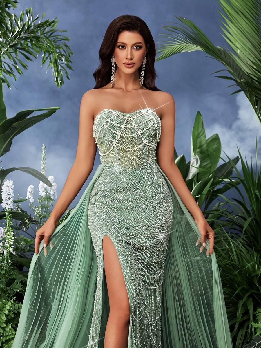 SHEIN ZIELONA MAXI SUKIENKA ODKRYTE RAMIONA ZDOBIENIA PK01__XS