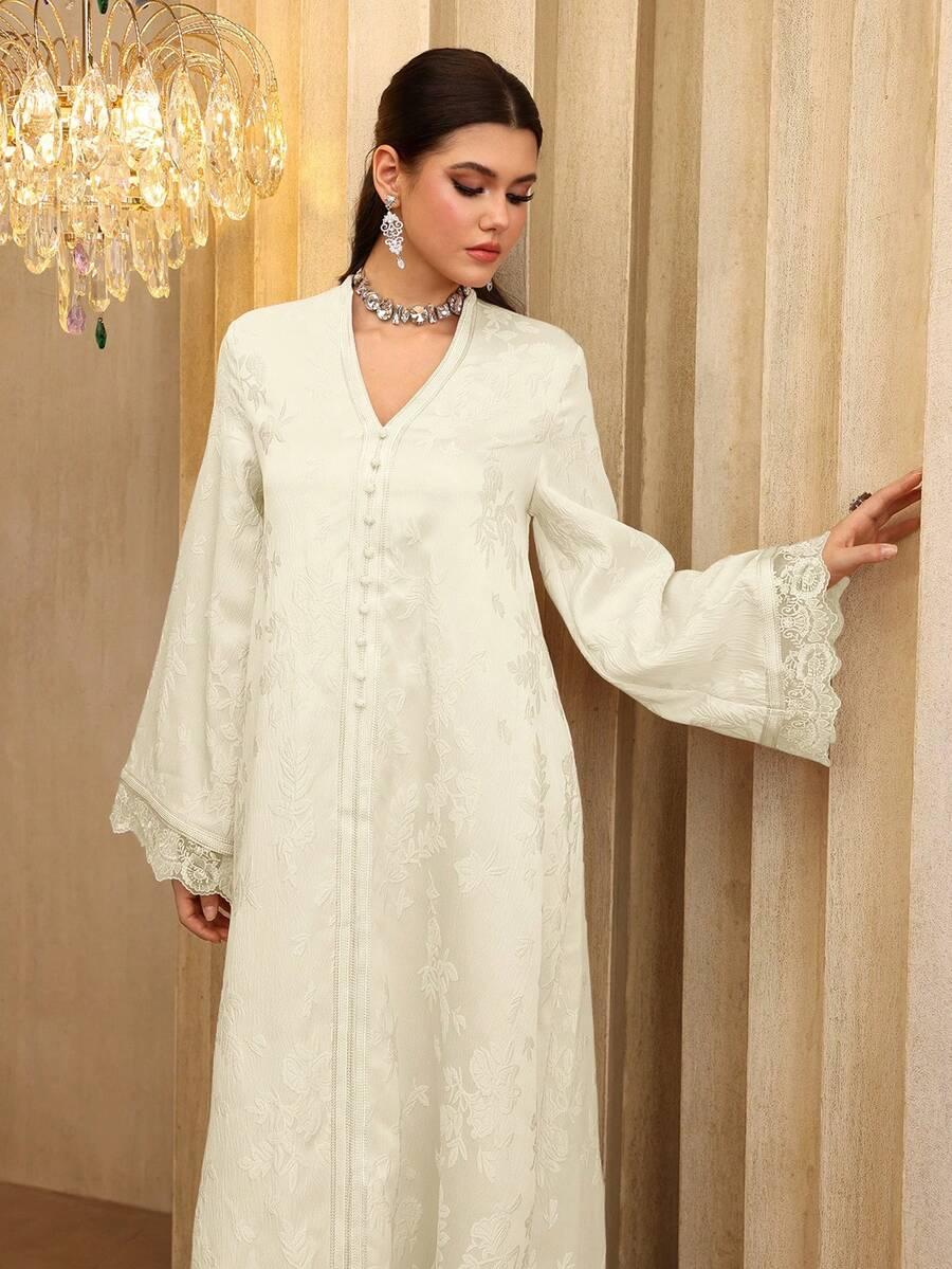 SHEIN KREMOWA MAXI SUKIENKA GUZIKI HAFT S06__L