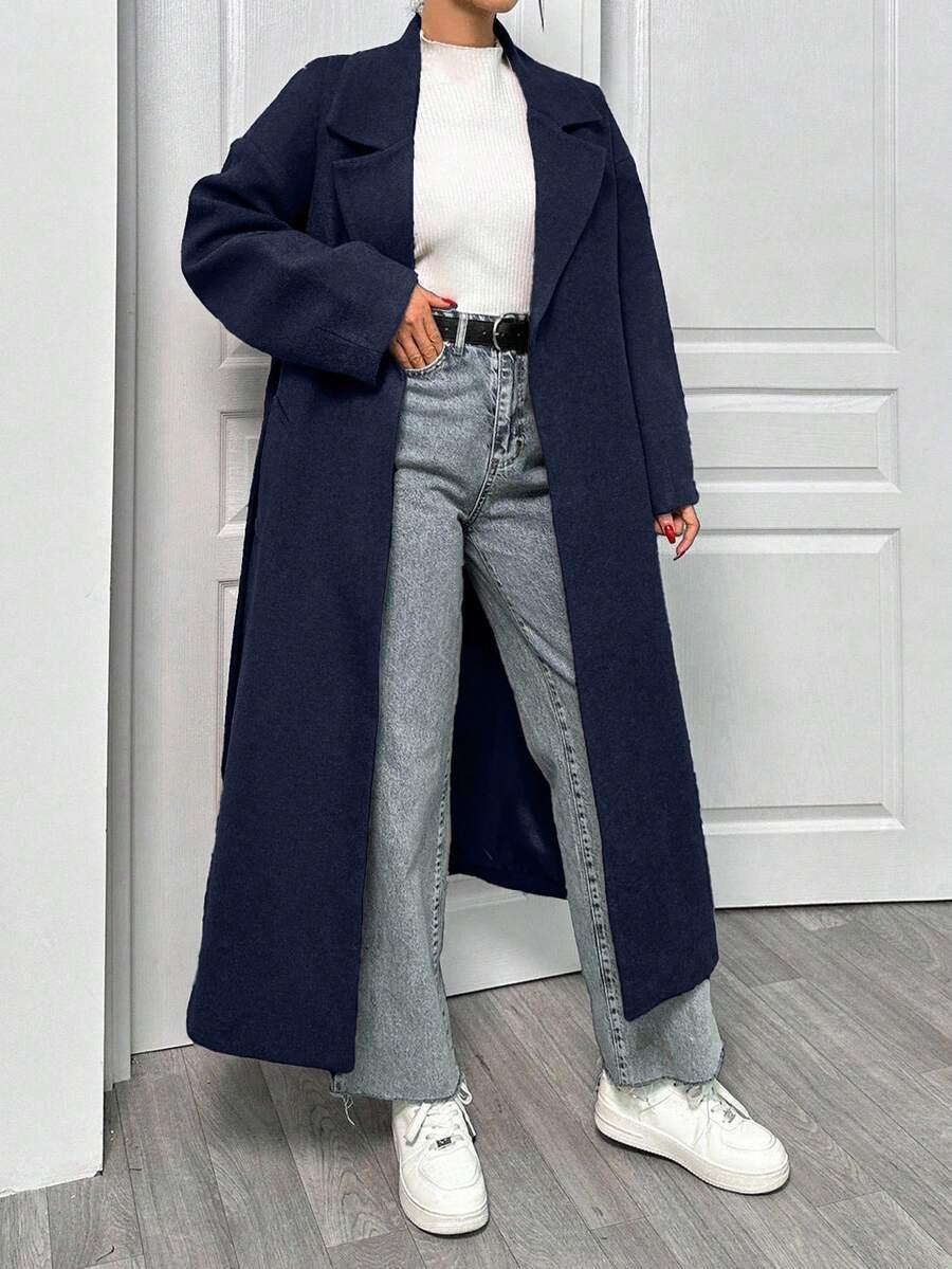 SHEIN DŁUGI KLASYCZNY PŁASZCZ WIĄZANIE W01__S