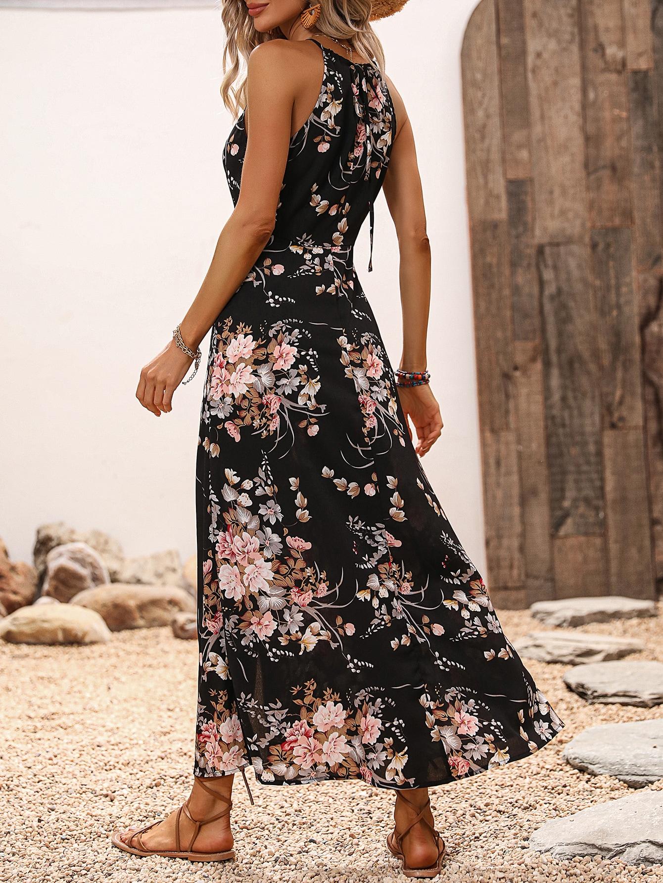 SHEIN CZARNA MAXI SUKIENKA KWIATY S06__S