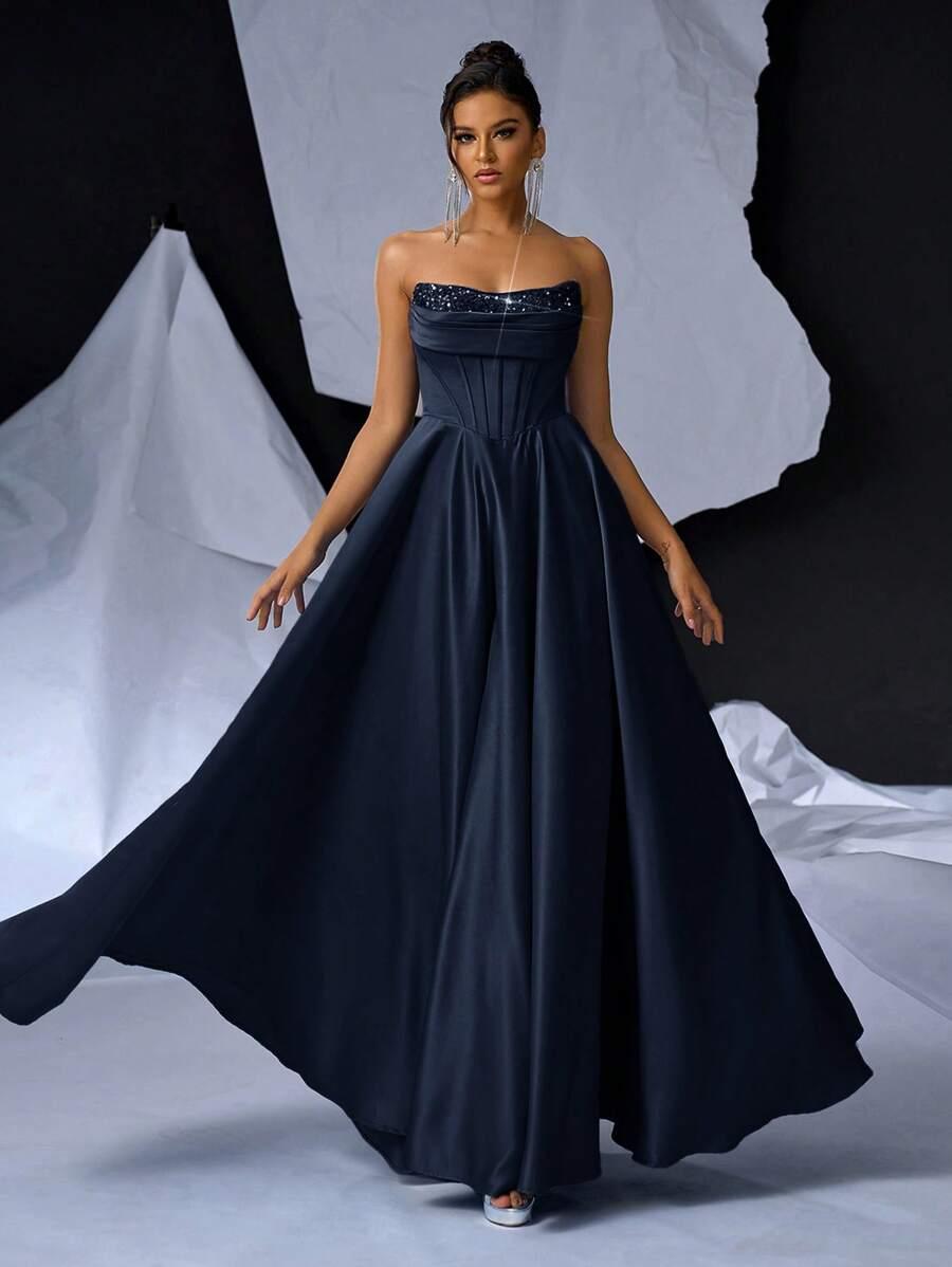 SHEIN GORSETOWA MAXI SUKIENKA CEKINY ODKRYTE RAMIONA S06__L