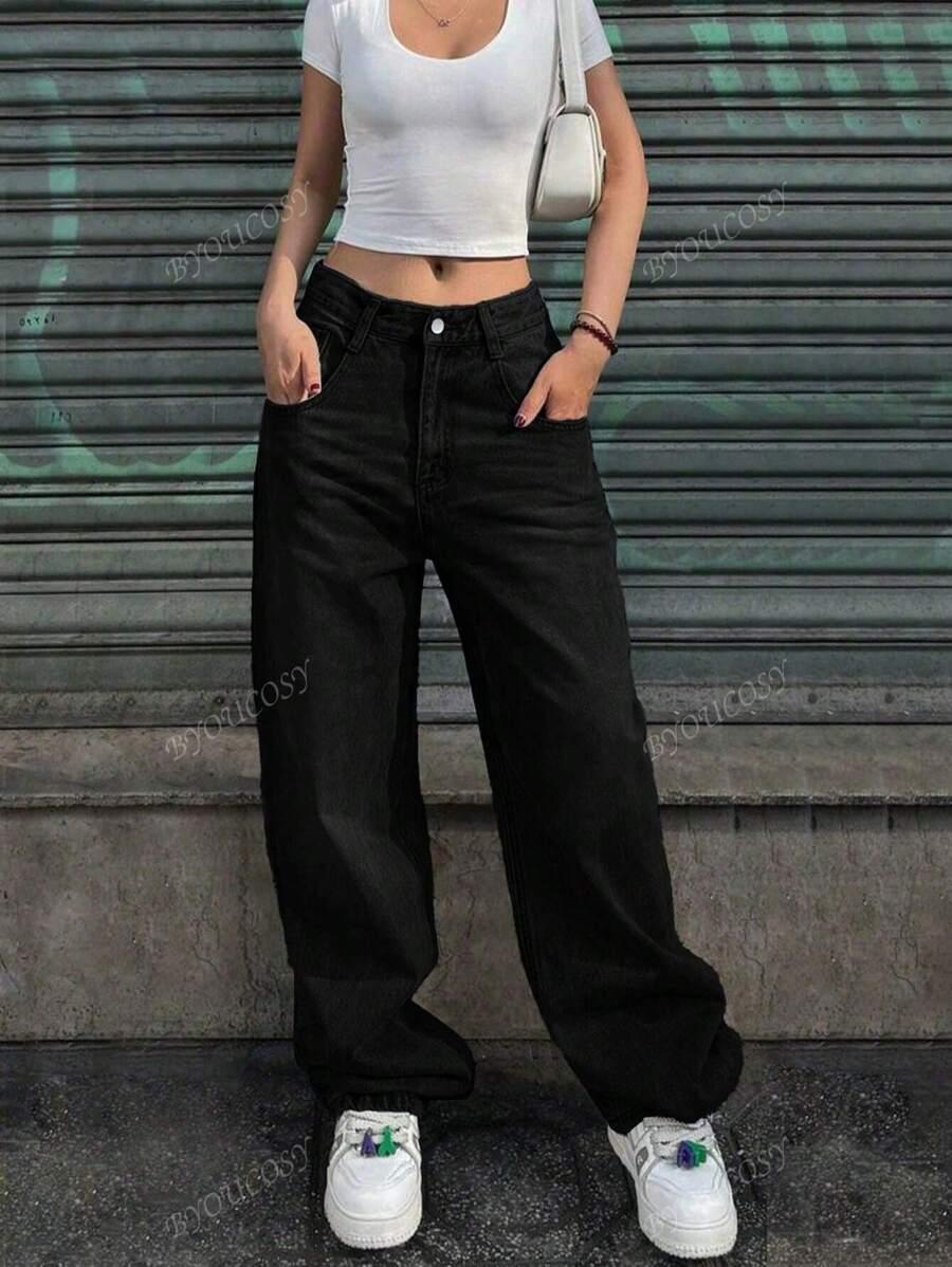 SHEIN CZARNE SPODNIE JEANS KIESZENIE ZAMEK S06__S