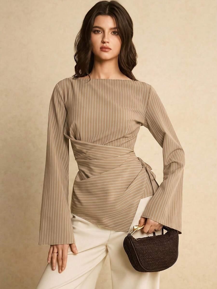 SHEIN BEŻOWA BLUZKA PASKI S06__M