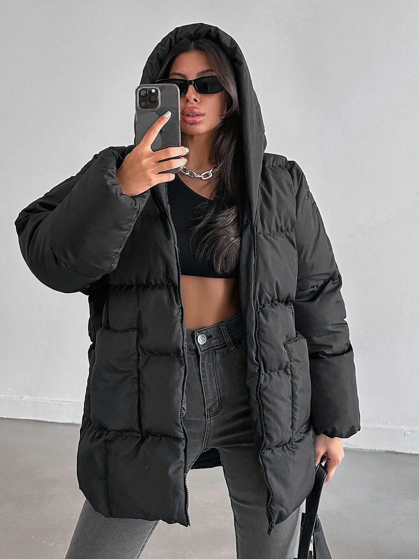 SHEIN CZARNA PIKOWANA KURTKA KAPTUR KIESZENIE W01__M