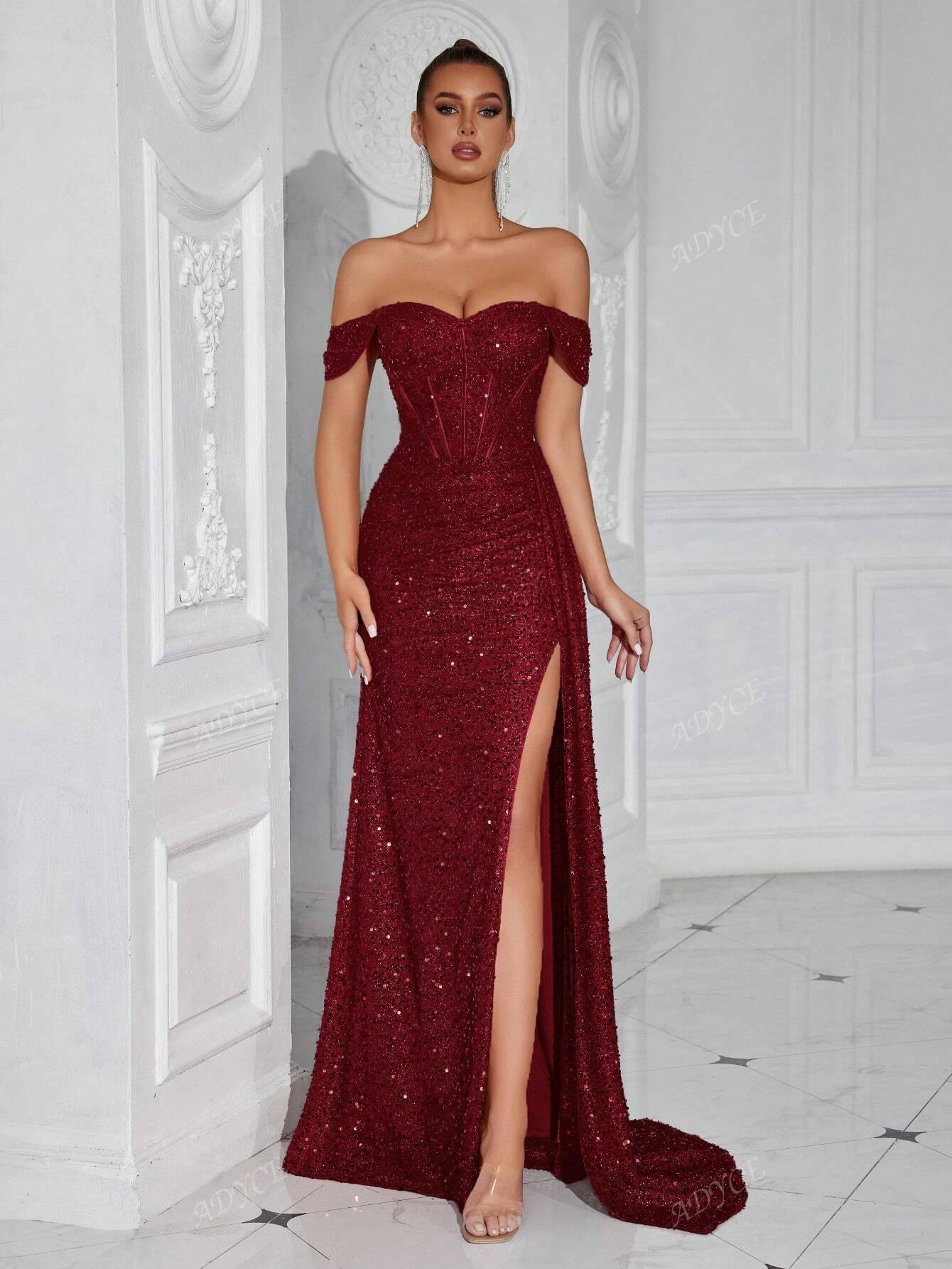 SHEIN BORDOWA MAXI SUKIENKA ODKRYTE RAMIONA CEKINY S06__M