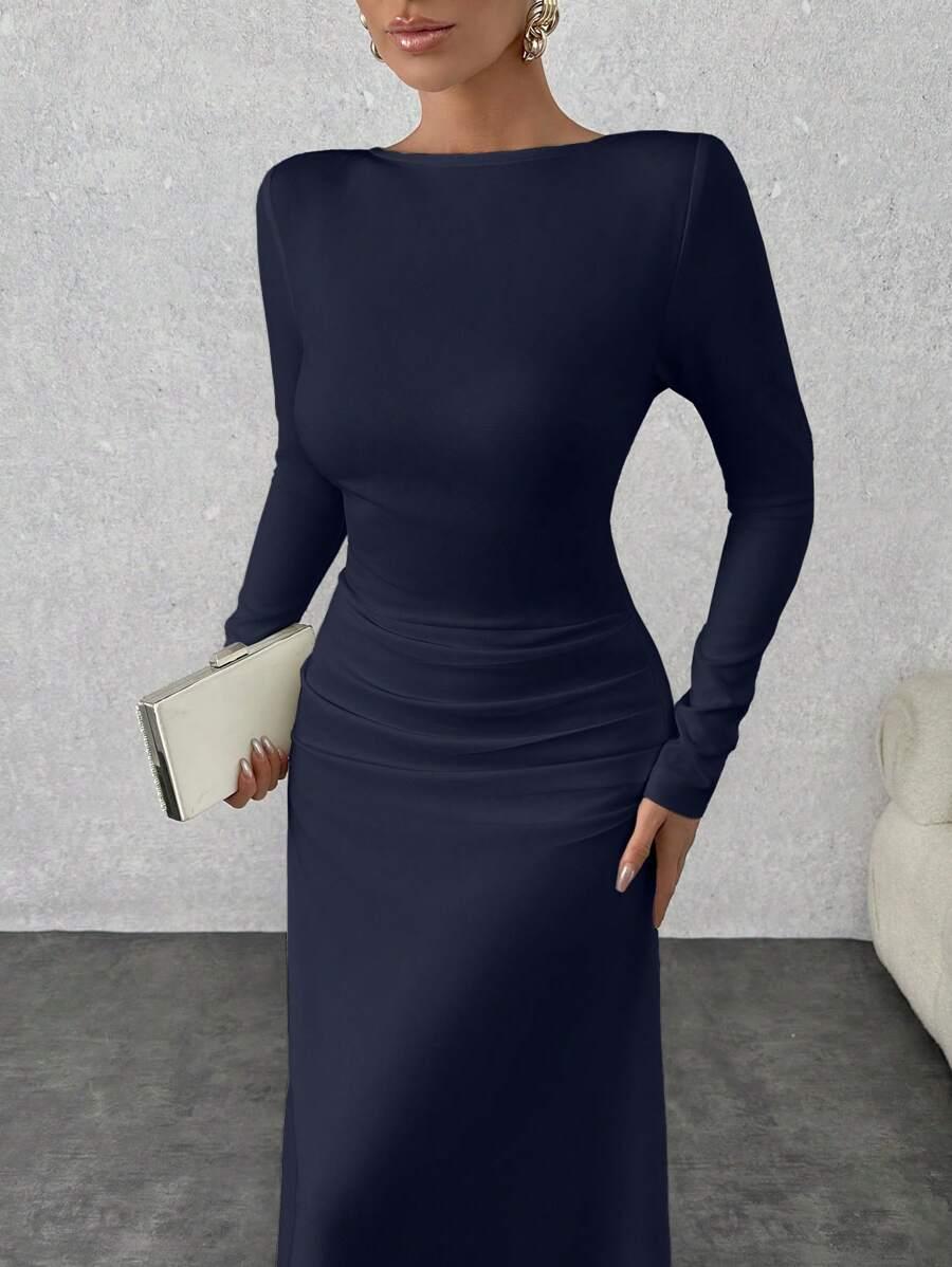 SHEIN GRANATOWA MAXI SUKIENKA DŁUGI RĘKAW S06__L