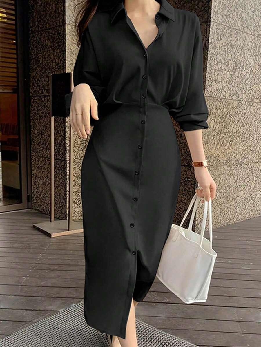 SHEIN CZARNA SUKIENKA KOSZULOWA KOŁNIERZYK S06__M