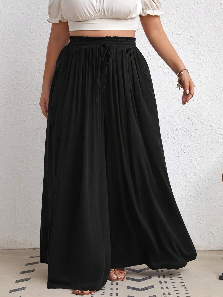 SHEIN CZARNE SPODNIE SZEROKIE NOGAWKI WIĄZANIE CASUAL S06__56