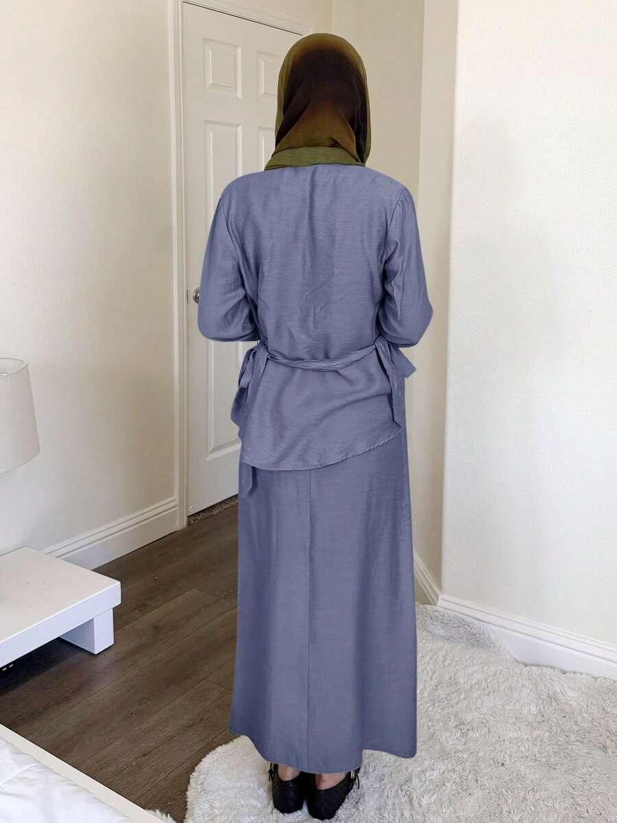 SHEIN NIEBIESKI KOMPLET SUKIENKA KOSZULA S06__L